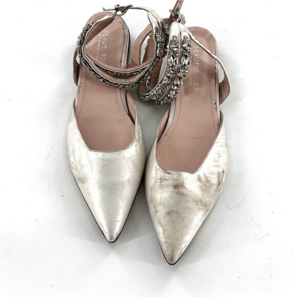 BEAUTIISOLES Cathy Flats 11 White Satin Jewel Ankle Strap Bridal Wedding - Picture 7 of 9